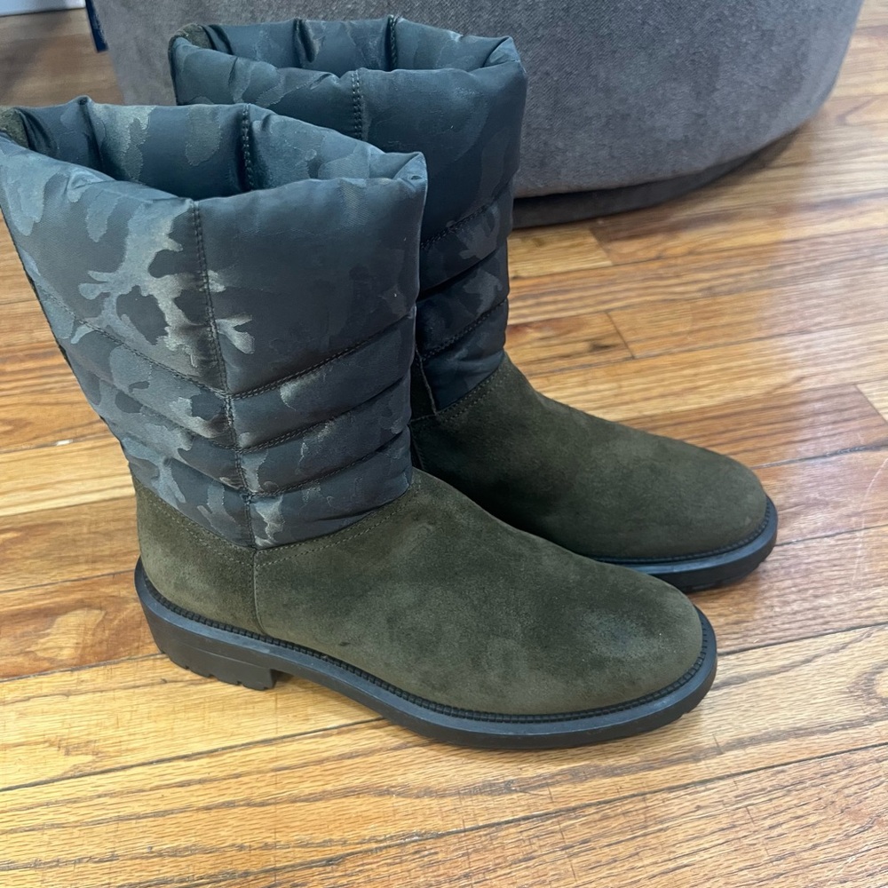 Aquatalia women Lori olive green camouflage suede quilted puffer boots size 7